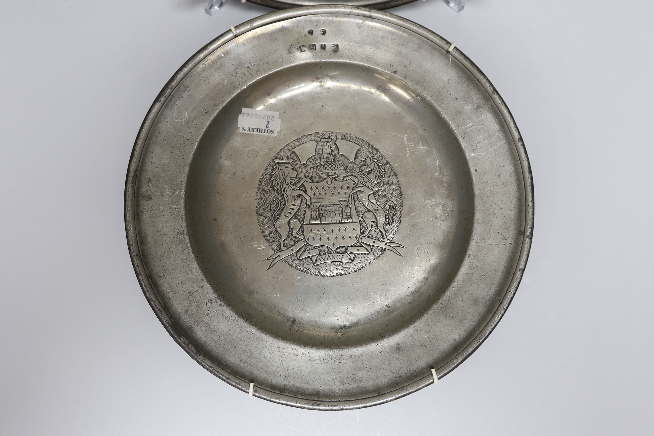 A pair of 18th century French pewter dishes, 30cm diameter